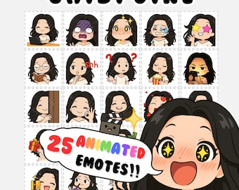 Animierte Mädchen Twitch Emotes: Schwarze Haare Chibi Emote Pack, Discord Sticker, Stream-Assets (GIF)