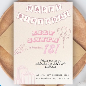 Pink Birthday Invitation, Editable Canva Template, Girl Birthday Invite, Printable Invitation, Instant Download, 5x7 Digital Invite