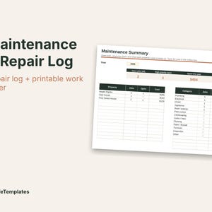 May include: A Maintenance & Repair Log document featuring a Maintenance Summary table with columns for property, jobs, open status, and costs. The text includes headings for repair log and printable work order, with DoLifeTemplates at the bottom.