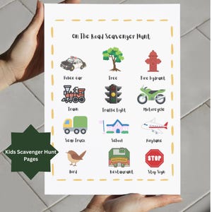 May include: A white paper with a colorful "On The Road Scavenger Hunt" game for kids. The game includes illustrations of a police car, tree, fire hydrant, train, traffic light, motorcycle, semi-truck, school, airplane, bird, restaurant, and stop sign.