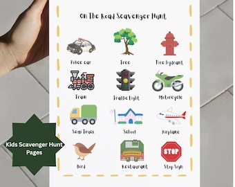 Paquete imprimible de búsqueda del tesoro 5 en 1 para niños: páginas de actividades divertidas y coloridas para viajes por carretera, caminatas por la naturaleza, compras de comestibles y mucho más.