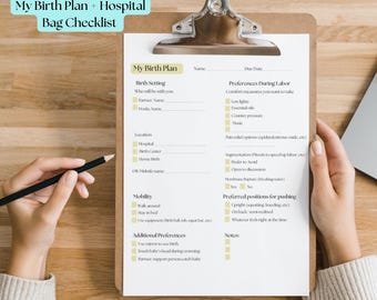 Plan de parto rellenable en PDF, plan de parto sencillo imprimible, lista de verificación de parto para mamás, lista de verificación de la bolsa de hospital, descarga instantánea, descarga de preparación para el bebé
