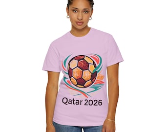 Camiseta de aficionado al fútbol de Qatar 2026 – Ropa deportiva de algodón teñido en prenda.