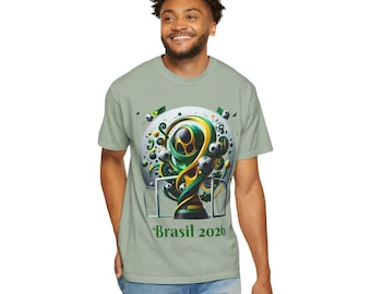 Camiseta gráfica del trofeo de fútbol de Brasil 2026 / Ropa de algodón teñida en prenda para aficionados
