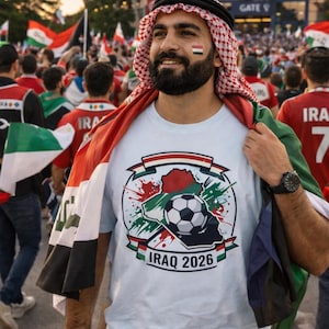 May include: A light blue t-shirt with a soccer ball graphic and the text "IRAQ 2026". The man is wearing a traditional headdress and has the Iraqi flag draped over his shoulders. The background shows a stadium and crowd.