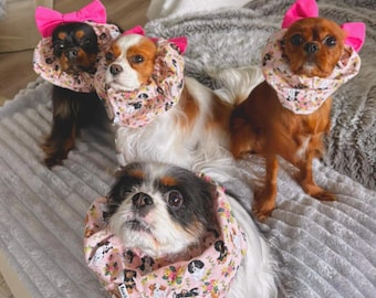 ÚLTIMAS POCAS Braga "Blossom Royal Cavalier", braga transpirable con lazo de pétalos rosas, protector para orejas de perro. Braga con lazo grande y adorable para Cavalier.