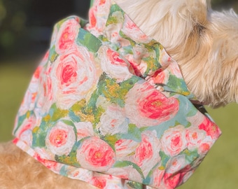 Soft dog snood for Cavalier King, "Monet Rose Garden" snood,  Dog Ear Cover/Protector for Cocker, Basset, Springer, doodle, dog neck gaiter