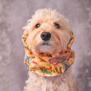 Long ear Dog Snood, Floral Patchwork ear protector for doodle, Cavalier, Cocker, Basset, vintage oil painting pattern, Adjustable