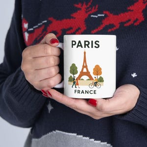 Paris France Mug | Minimalist Eiffel Tower Coffee Cup with Trees, Couple & Bicycle, Modern Travel Souvenir | Gift For Travelers