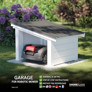 Puede incluir: Un garaje de madera blanca con techo negro, diseñado para un cortacésped robótico. El garaje alberga un cortacésped robótico rojo y negro. La imagen incluye el texto "GARAGE FOR ROBOTIC MOWER" y "IMPERIAL & METRIC".