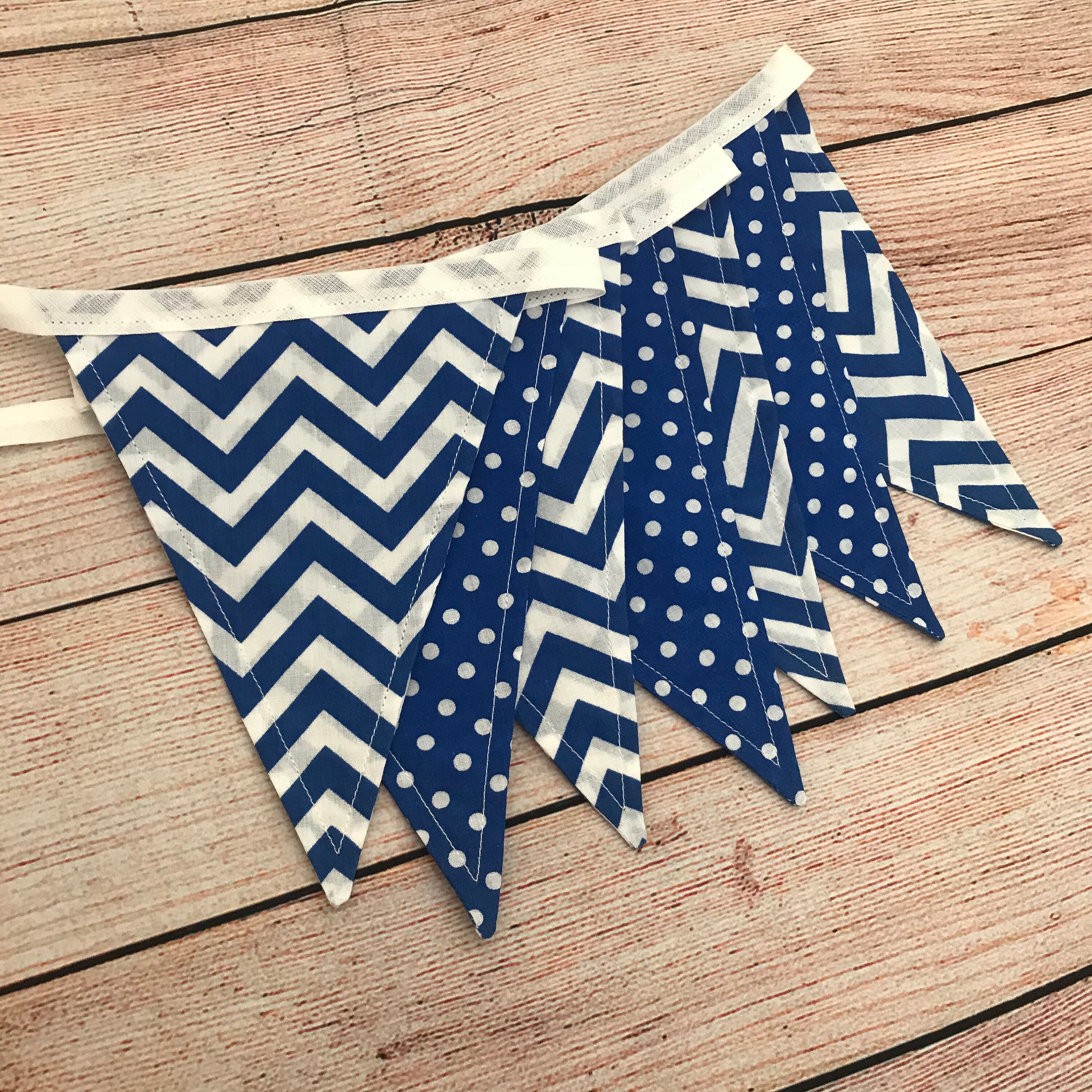 Bold Blue and White Bunting - 7 Flags - Handmade Fabric - Chevron and ...