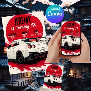 May include: A birthday invitation design featuring a white sports car illustration with the text "JEREMY is Turning 12". The invitation includes event details and is displayed on a phone and printed cards, with a Japanese-themed background.