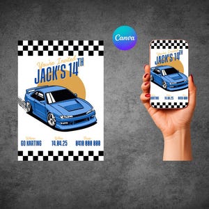 May include: A blue sports car illustration on a white background, part of a birthday invitation. The invitation includes the text "You're Invited Jack's 14th", with details for the event. A phone displays the same design.