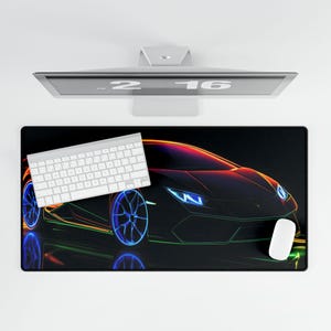 Tappetino da scrivania a tema auto da gioco Lamborghini Huracan Supercar Neon, accessori da scrivania per gamer, decorazioni per ufficio, regalo da corsa, elegante tappetino per mouse