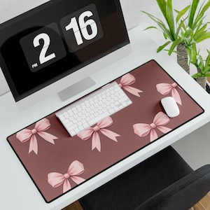 Chic Pink Bow Desk Mat - Stylish Office Accessory, Home Workspace Decor, Gift for Her, Cute Desk Pad, Pink Bow Art