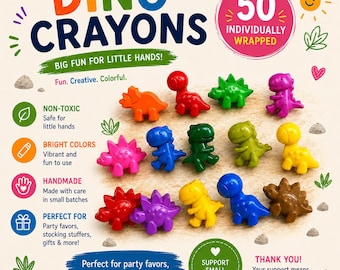 Dinosaur Crayon Party Favors, Set of 50, Non-Candy Kids Gift.  Classroom Rewards, Fine Motor skills, bulk Dino Crayons