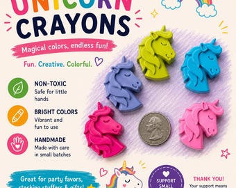 Lot of 50 unicorn shaped crayons, birthday parties, schools, gifts