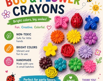 50 Bug and flower Crayons, Individually Wrapped Party Favors, Insect Crayons Bulk, Non Candy Treat, Classroom Prizes, Kids Gift Set