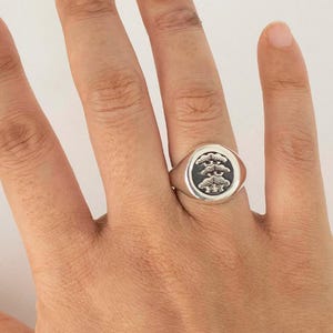 Pode incluir: Um anel de sinete em prata esterlina com uma face circular apresentando um motivo de pinheiro gravado. O anel tem um diâmetro de 13 mm e um tamanho US 5.5. A banda de prata polida contrasta com os detalhes escuros e rebaixados do design.