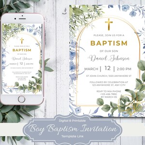 Boy Baptism Invitation Template - Editable Canva Design | Digital & Printable