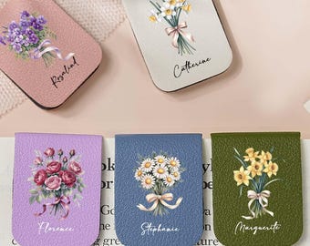 Personalized Birth Flower Magnetic Bookmark, Custom Name Leather Bookmark, Book Lover Gift