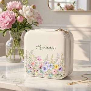 Joyero floral personalizado, organizador de joyas de viaje de cuero PU, recuerdo, joyero de regalo para ella, regalo del Día de la Madre, caja de regalo de cumpleaños