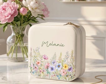 Personalized Floral Jewelry Box, PU Leather Travel Jewelry Organizer keepsake, Gift jewelry box for her,Mother's Day gift,Birthday gift box
