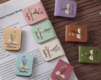 Marque-page magnétique personnalisé en cuir, avec nom et fleur de naissance, cadeau d'anniversaire pour femme.
