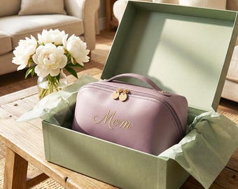 Personalized Embroidered Makeup Bag, Custom Name Leather Cosmetic Pouch, Mother’s Day Gift Bag for Mom, Elegant Travel Toiletry Bag