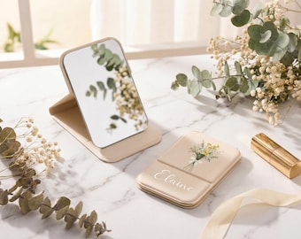 Personalized Birth Flower Compact Mirror, Custom Name Pocket Mirror, Bridesmaid Gift for Her, Travel Makeup Mirror