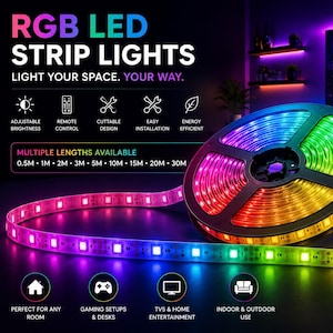 RGB LED-strip 1m/2m/3m/5m/10m/20m/30m, met afstandsbediening, levendige kleuren, eenvoudig te installeren, op maat te knippen, ideaal voor kamer- en sfeerverlichting.