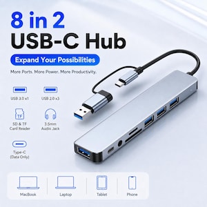May include: A silver 8 in 2 USB-C hub with a black cable and connector. The device features multiple ports including USB 3.0, USB 2.0, SD and TF card readers, a 3.5mm audio jack, and a Type-C data port. Text on the image reads 8 in 2 USB-C Hub.