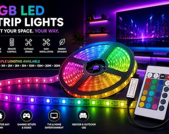 RGB LED-strip 1m/2m/3m/5m/10m/20m/30m, met afstandsbediening, levendige kleuren, eenvoudig te installeren, op maat te knippen, ideaal voor kamer- en sfeerverlichting.
