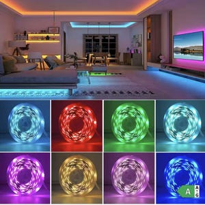May include: A selection of LED strip lights in different colours, including blue, red, and green, are shown in a home environment. The image displays the lights illuminating a living room and also features close-up shots of the rolled-up light strips.