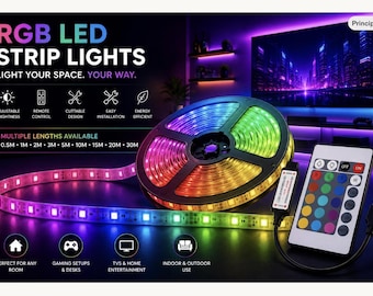 LED Strip RGB 1m/2m/3m/5m/10m/20m/30m, remote control, vivid colors, easy install, cuttable, ideal for room & ambient lighting, led lights.