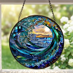 Atrapasueños de cristal teñido con diseño de olas del océano, prisma colgante para crear arcoíris, decoración bohemia para ventanas, regalo de inauguración de casa para ella.