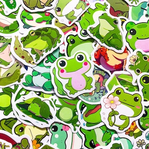 50 Random Cartoon Frog Stickers, Cute Green Frog Sticker for Kids, Adorable Waterproof Stickers Pack for Journal, Scrapbook, DIY Crafts