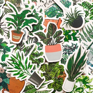 50 Random Potted Plant Stickers, Monstera Leaf Stickers, Watercolor Greenery Stickers, Waterproof Stickers for Journal, Scrapbook, Laptop