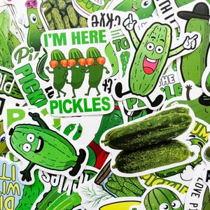50 pegatinas divertidas de pepinillos al azar, pegatinas de pepinillos eneldo, pegatinas de juegos de palabras con comida, pegatinas impermeables para diario, álbum de recortes y botella de agua.