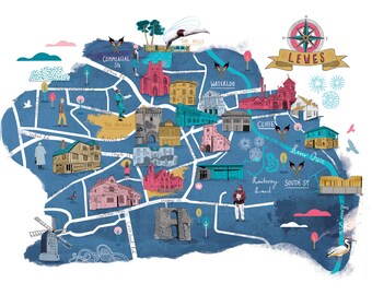Lewes Map Art Print: Illustrated East Sussex Travel Poster