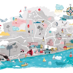 Carte de Bexhill-on-Sea, impression de carte dessinée à la main du Sussex de l'Est, carte illustrée, affiche de voyage du Sussex, pendaison de crémaillère, cadeau d'adieu.
