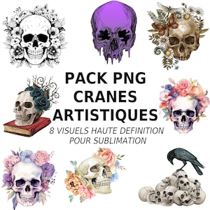 Pack de 8 Crânes Artistiques PNG – Visuels Haute Définition pour Sublimation, DIY & Créations Gothiques ou Florales
