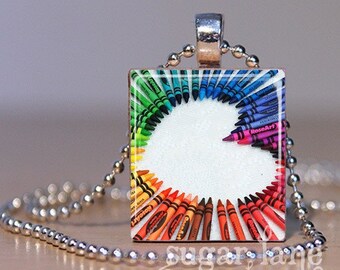 Heart-Shaped Crayons Necklace - MA1 - Scrabble Tile Pendant with Chain