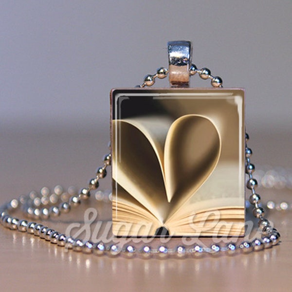 Book Love Necklace - Heart Shaped Book Pages - Necklace for Librarian - Scrabble Tile Pendant with Chain