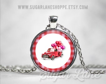 Red Truck Valentine Necklace - Valentine's Day Necklace - Valentine Pendant - Round Glass Dome Necklace - Valentine's Day Jewelry