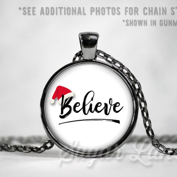 Believe Necklace - Christmas Necklace - Santa Hat Pendant - Glass Dome Necklace - Christmas Pendant - Holiday Jewelry - Christmas Gift