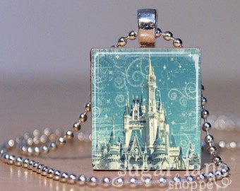 Cinderella Castle Necklace - (SVH2) - Cinderella Necklace - Cinderella Castle - Scrabble Tile Pendant Necklace with Chain