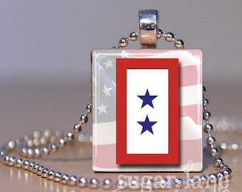 Two-Star Military Service Flag Necklace - (Red, White, Blue) - Blue Star Necklace - Military Jewelry - Scrabble Tile Pendant with Chain