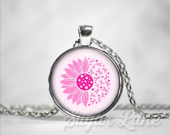 Breast Cancer Sunflower Necklace - Breast Cancer Necklace - Breast Cancer Ribbons - Breast Cancer Flower - Cancer Jewelry
