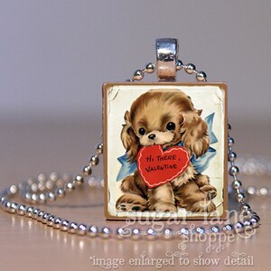 Valentine's Day Necklace - Vintage Valentine Puppy Necklace - Valentine Necklace -  Valentines Jewelry - Puppy Necklace - Scrabbble Necklace